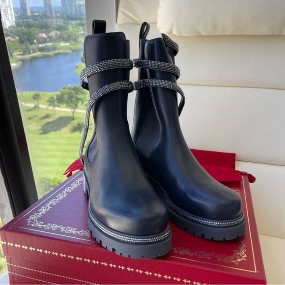 NEW Rene Caovilla Women's Grey Cleo Combat Biker Booties 37.5 7.5 - Picture 2 of 10